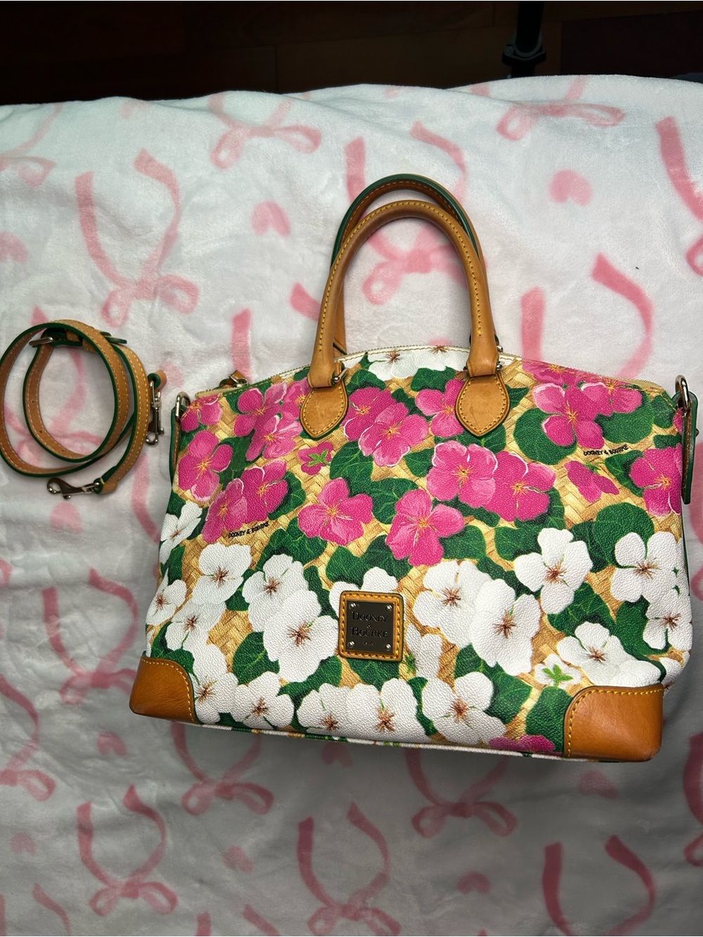 Dooney & Bourke Pink, White & Green Floral Satchel with Tan Trim
